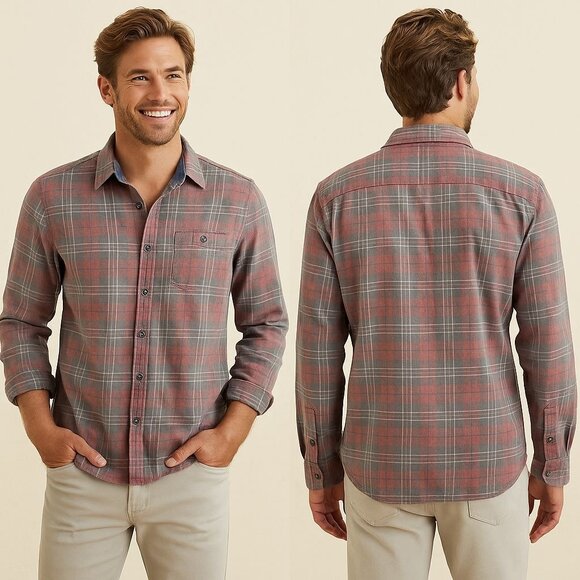 Flag & Anthem Other - Flag & Anthem Men's Modern Flannel Plaid Shirt Red/Gray Coastal Casual Sz MED